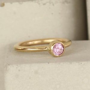 Recycled 9ct Gold Pink Sapphire Engagement Ring. Yellow Gold Solitaire Anniversary Ring