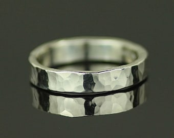 Wide Hammered 9ct White Gold Mens Wedding Ring. Unique Rustic Wedding Band. Chunky Thumb Ring. Ethical Recycled Gold Jewellery
