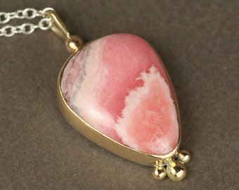 Rhodochrosite 9ct Gold & Sterling Silver Teardrop Necklace. Mixed Metal Pink Gemstone Pendant