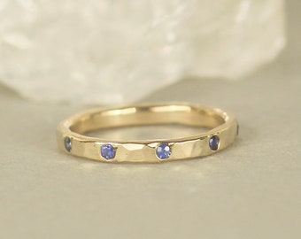 Hammered 9ct Recycled Gold Blue Sapphire Eternity Ring. Flush Set Ten Stone Eternity Band