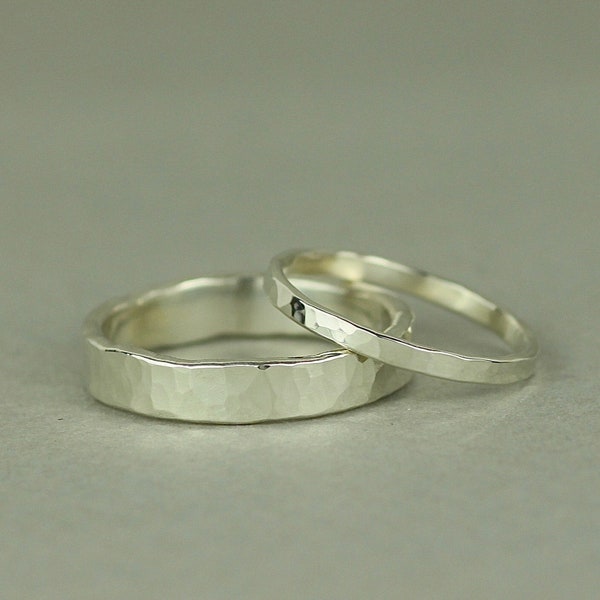 Recycled 9ct White Gold Matching Wedding Rings. Rustic Hammered Wedding Band Set. Boho His and Hers Rings