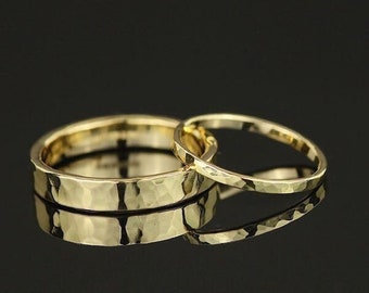 Recycled 18k Gold Hammered Wedding Band Set. Rustic Pure Gold Matching Wedding Rings. Boho His and Hers Rings