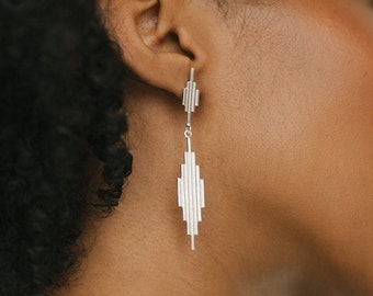 Elegant Sterling Silver Art Deco Earrings. Long Dangle & Drop Earrings. Handmade Geometric Jewellery