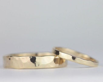 Rustic Recycled Wedding Band Set. Hammered 9ct Gold Matching Wedding Rings. Boho His and Hers Rings