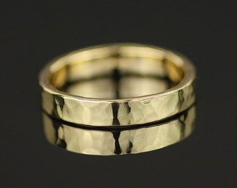 18k Gold Hammered Mens Wedding Ring. Unique Wide Wedding Band.