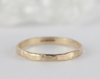 9ct Gold Unique Womens Wedding Ring. Dainty Hammered Wedding Band. Boho Stacking Ring