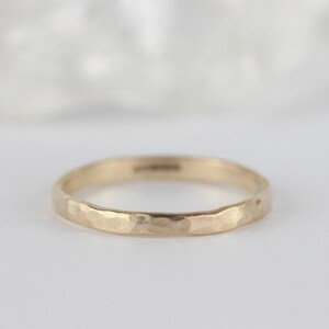 9ct Gold Unique Womens Wedding Ring. Dainty Hammered Wedding Band. Boho Stacking Ring
