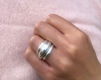 Triple Stacked Solid Silver Bombe Rings. Recycled Sterling Silver Stacking Rings