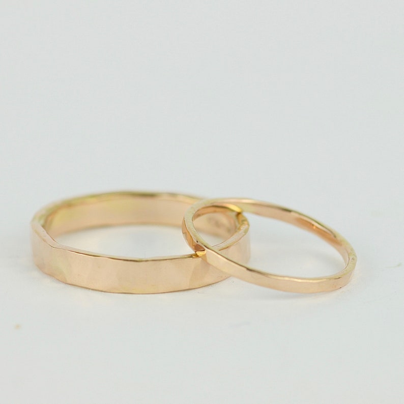 Recycled 18k Rose Gold Hammered Wedding Ring Set. Hand Forged Pure Gold His and Hers Wedding Bands. Rustic Matching Wedding Rings image 3