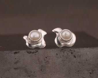 Silver Freshwater Pearl Surrealist Small Stud Earrings