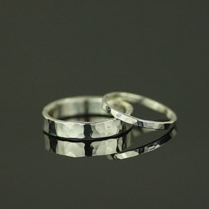 Recycled 9ct White Gold Matching Wedding Rings. Rustic Hammered Wedding Band Set. Boho His and Hers Rings image 2