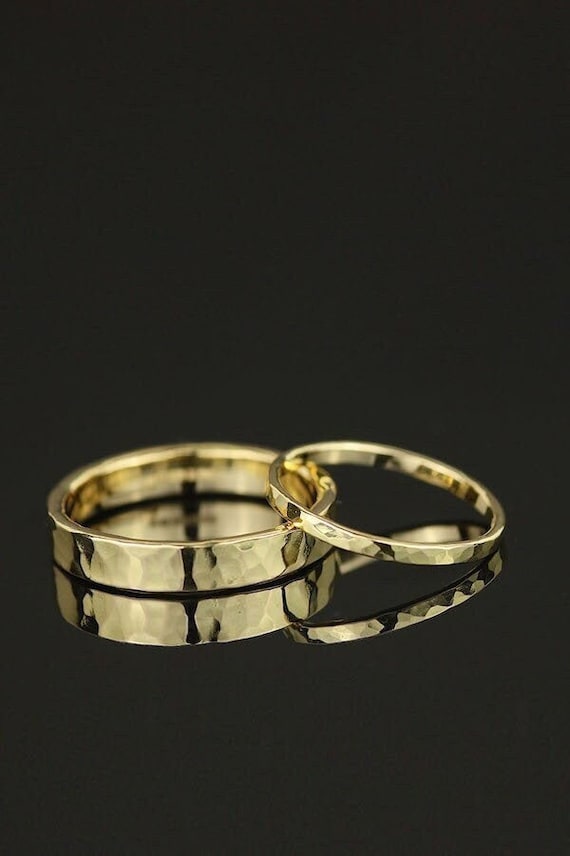 Recycled 18k Gold Hammered Wedding Band Set. Rustic Pure Gold Matching Wedding Rings. Boho His and Hers Rings