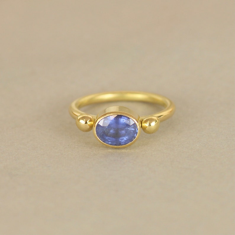 18ct Recycled Gold Oval Blue Sapphire Engagement Ring. Ancient Roman Style Gold Stud Ring image 1