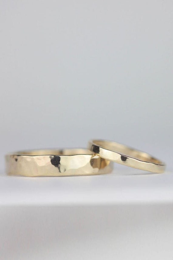 Rustic Recycled Wedding Band Set. Hammered 9ct Gold Matching Wedding Rings. Boho His and Hers Rings