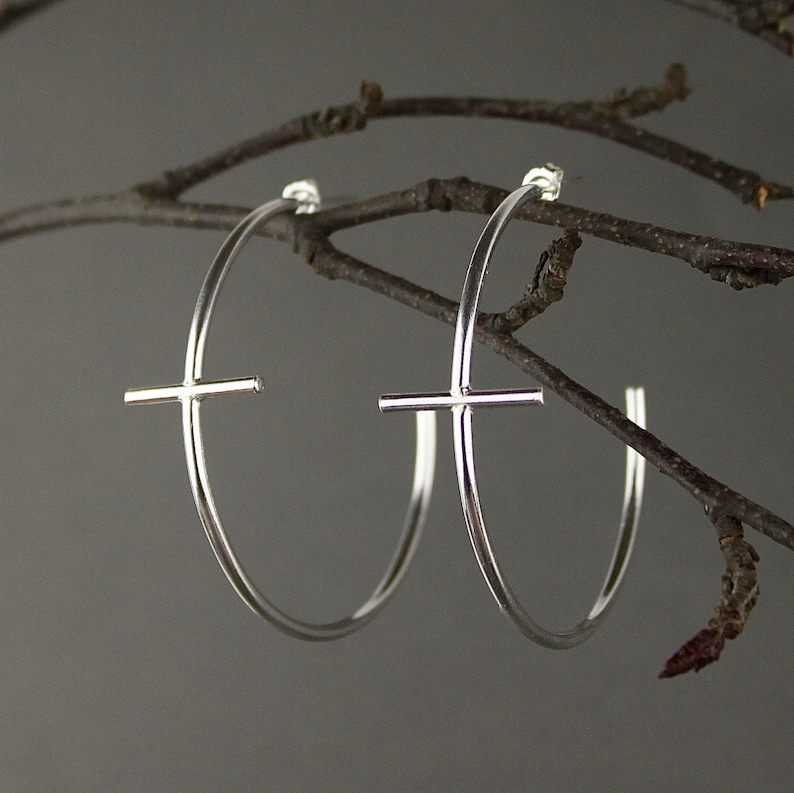 Large Silver Cross Hoop Earrings. Edgy Statement Earrings. Big Etsy UK