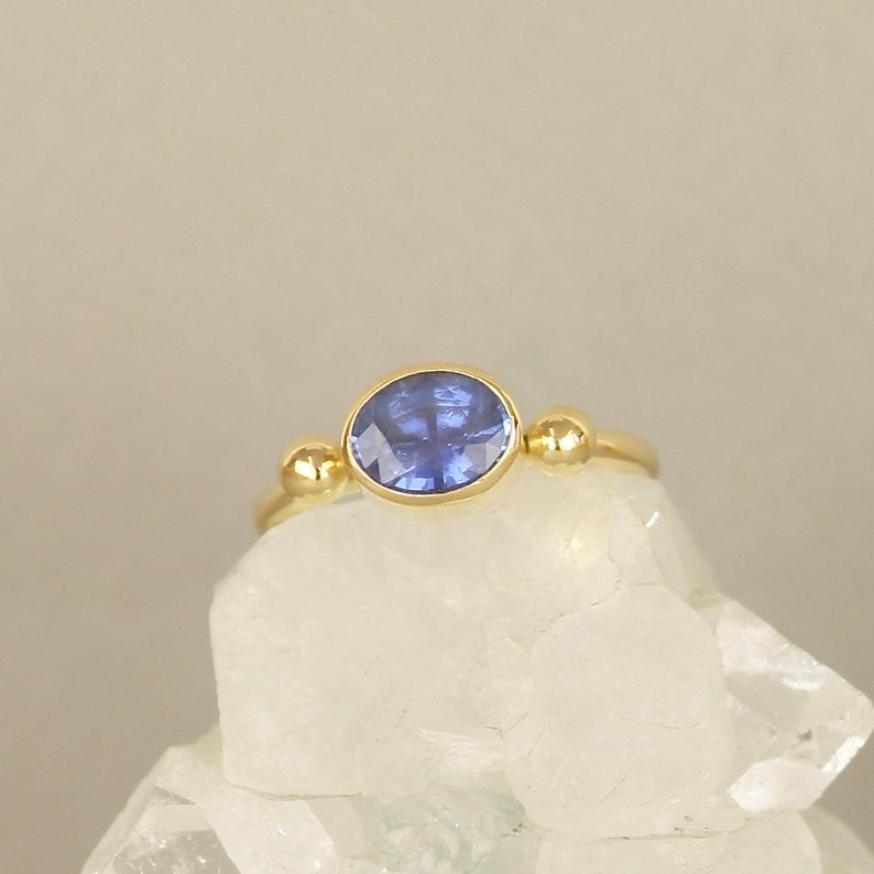 18ct Recycled Gold Oval Blue Sapphire Engagement Ring. Ancient Roman Style Gold Stud Ring image 2