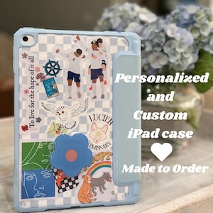 May include: A blue and white chequered iPad case with various stickers, including a flower, a fox, an owl, a football player, and a quote that says "To live for the hope of it all". The case is personalised and custom made.