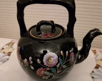 アンティーク ジャックフィールド 黒釉陶器 水差し：ピューター蓋付き