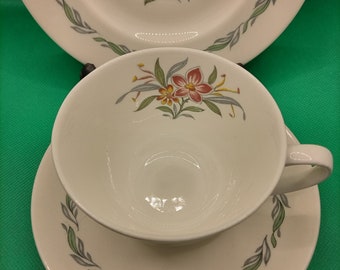 Royal Daulton vintage  trio cup saucer plate  Fairfield design white background green leaf edge pink flower design made of porcelain