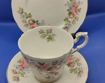 Tea set trio rambling rose 1960s / 70s  made by Royal Standard white background pink roses plate cup and saucer