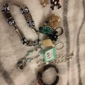Op de afbeelding: Een verzameling sieraden, waaronder een zilveren armband met blauwe oogvormige kralen, ringen met bloemen- en bladvormen en een hoefijzerhanger. Ook twee spelden met dierenontwerpen en een donkerbruine ring.