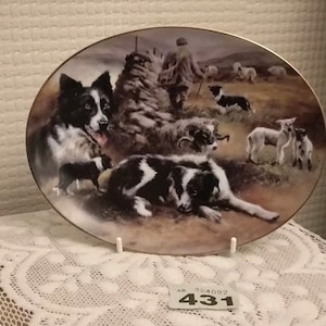 Puede incluir: Un plato de cerámica blanco con un borde dorado presenta una pintura de un pastor y sus perros pastoreando ovejas. Los perros son border collies negros y blancos. El plato es de forma ovalada y tiene una escena rústica con una pared de piedra y colinas verdes.