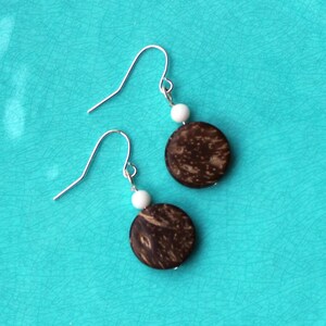 Coconut Earrings Dangle Earrings Coconut Shell Earrings Hippie Chic Earrings Mother of Pearl Drop Earrings Coconut Shell Beach Jewelry