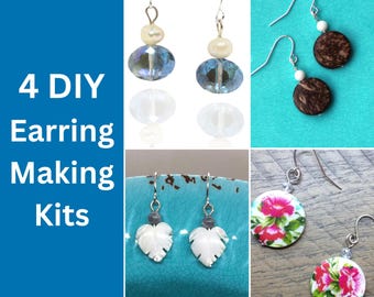 DIY Earring Making Kits | 4 Pairs Assorted Earrings Shell, Crystal, Coconut | Earring Materials to Make Your Own Earrings | Craft Maker Gift