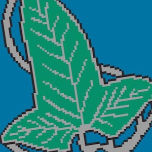 May include: A stylized green leaf with a gray outline, resembling a stylized plant or tree. The leaf is depicted in a pixelated style, giving it a retro or digital aesthetic.