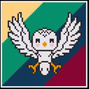 Könnte beinhalten: Pixeliges Bild einer weißen Eule mit ausgebreiteten Flügeln, schwarzen Augen, einem gelben Schnabel und rosa Akzenten. Die Eule ist vor einem Hintergrund aus diagonalen Streifen in Gelb, Grün, Marineblau und Burgunderrot dargestellt.