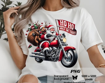 Papá Noel motociclista PNG: Divertido clipart navideño de motocicleta (descarga digital)