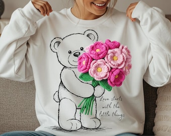 Hand drawn Teddy Bear Png, Valentine Flowers Crochet Faux Yarn Design
