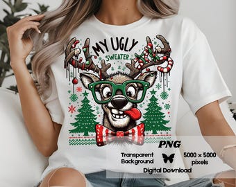 Funny Reindeer Ugly Christmas Sweater PNG: Printable Design (Digital Download)