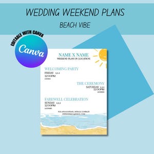 Sjabloon bruiloftweekend reisplan | Bewerkbaar canvasontwerp Beach Vibes | Schema bruiloft aan de kust | Afdrukbaar tropisch reisplan