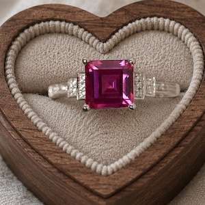 Ruby Halo Ring for Women, 925 Sterling Silver Ruby Engagement Ring, Square Cut July Birthstone Ring, Diamond Accent Promise Ring,