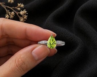 Peridot Gemstone Ring 7x10mm Pear Cut | Halo Diamond Accent Silver Ring | 2.80 Ct Green Statement Ring | Engagement Gift for Her