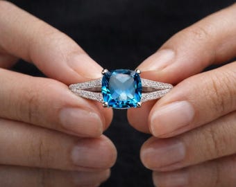 Blue Topaz Gemstone Ring 8mm Cushion Cut 3CT Halo Diamond Accent Silver Ring Engagement Gift for Her