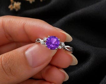 Amethyst Gemstone Ring 8mm Round Cut with Diamond Halo Accent 2.80CT Sterling Silver Ring | Engagement Ring | Gift for Her