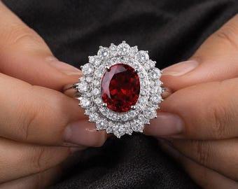 Ruby Gemstone Ring 7x9mm 2.80CT Halo Diamond Accent Silver Ring Oval Cut Statement Ring Vintage Style Engagement Ring Gift for Her
