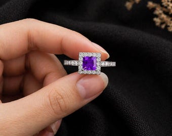 Natural Amethyst Gemstone Ring 8mm 2.80CT | Silver Halo Diamond Accent Ring | Purple Stone Engagement Ring | February Birthstone Jewelry