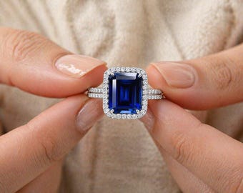 Blue Sapphire Halo Ring 8x10mm 3.30CT Emerald Cut Gemstone Ring Sterling Silver Diamond Accent Engagement Ring Statement Jewelry Gift