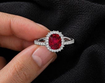 Ruby Gemstone Ring 7x9mm 2.70CT Halo Diamond Accent Silver Ring Oval Cut Engagement Ring Vintage Style Jewelry Gift for Her