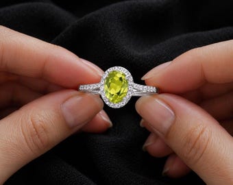 Peridot Gemstone Halo Ring, Oval Cut 7x9mm 2.50CT Green Stone Ring, Sterling Silver Accent Diamond Ring, Engagement Ring, Gift for Her