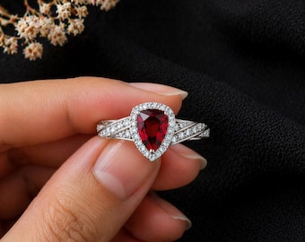 Ruby Gemstone Ring 7x9mm Pear Cut with Halo Diamond Accent Silver Ring, Split Shank Engagement Ring, Red Stone Promise Ring, Gift for Her