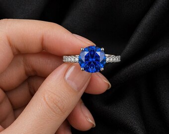 Blue Sapphire Gemstone Ring 3.10CT 8mm Round Cut Silver Ring with Accent Halo Diamonds, Engagement Ring for Her, Minimalist Wedding Jewelry