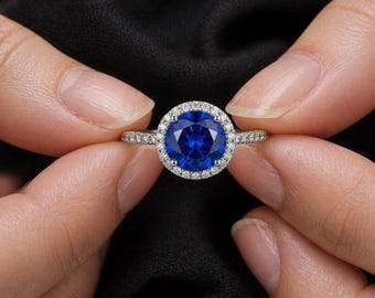 Blue Sapphire Gemstone Ring 3.20CT 8mm Round Cut | Halo Diamond Accent Silver Ring | Engagement Ring for Her | Minimalist Promise Ring Gift
