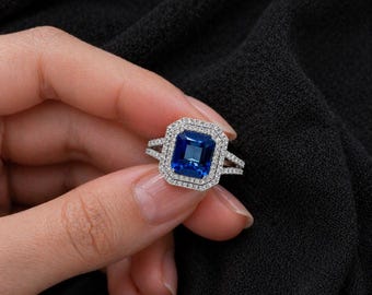 Blue Sapphire Halo Ring 9x11mm 3.40CT Emerald Cut Statement Ring Silver Diamond Accent Engagement Ring Vintage Style Jewelry Gift for Her