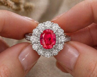 Ruby Gemstone Ring 8x10mm 3CT Oval Cut Halo Diamond Accent Silver Ring Vintage Style Engagement Ring Statement Jewelry Gift for Women