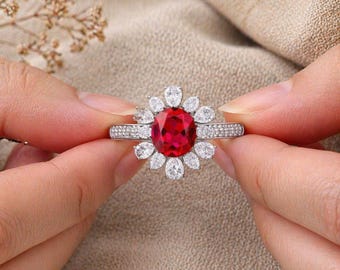 Ruby Gemstone Ring, 7mm 2.70CT Halo Diamond Accent Silver Ring Floral Cluster Engagement Ring Gift for Her,