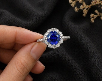 Blue Sapphire Halo Ring 3CT | 8mm Sapphire Engagement Ring | Diamond Accent Silver Ring | Vintage Style Promise Ring | Handmade Jewelry Gift